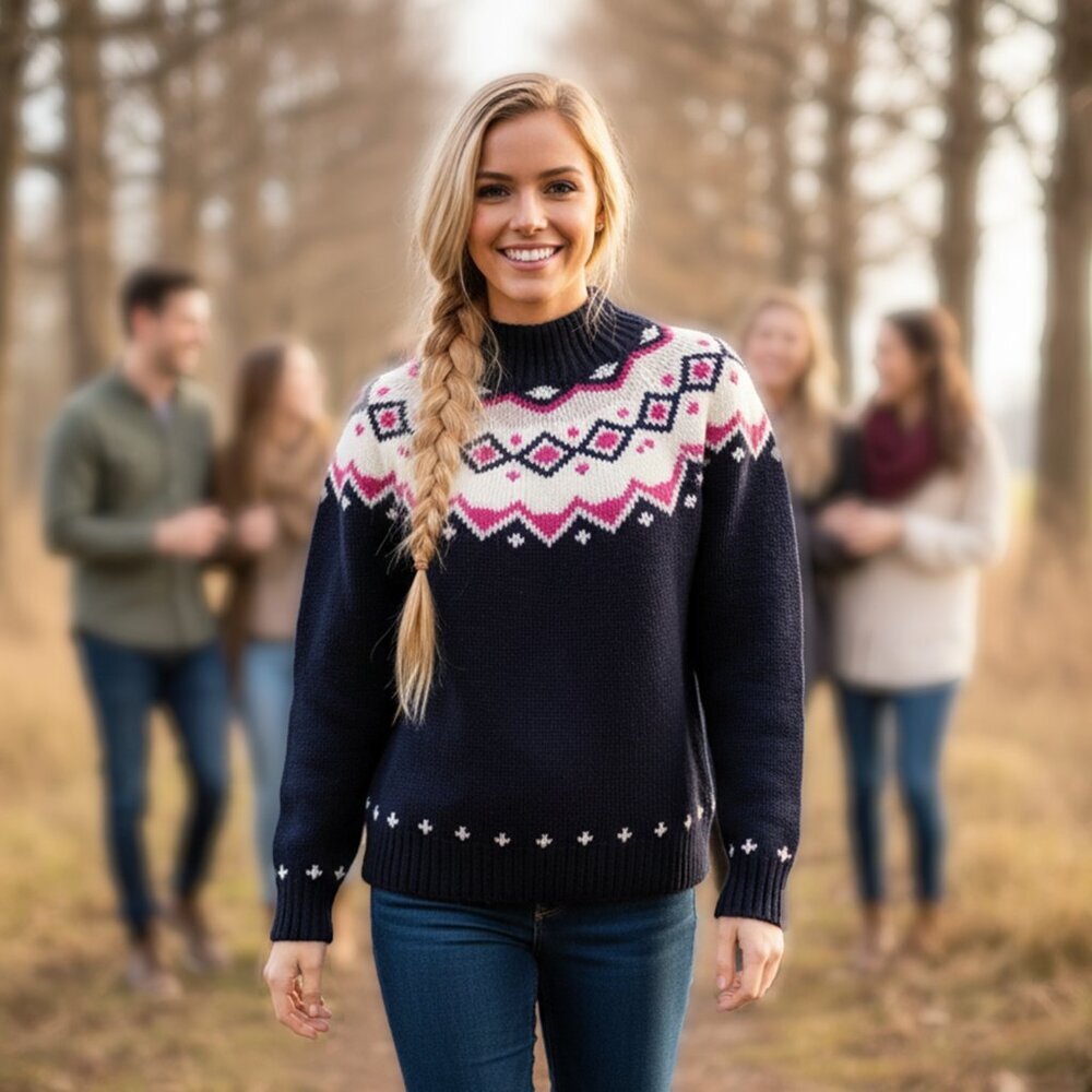 Vintage St Michael Fair Isle Wool Blend Sweater Pullover Navy Blue White Pink